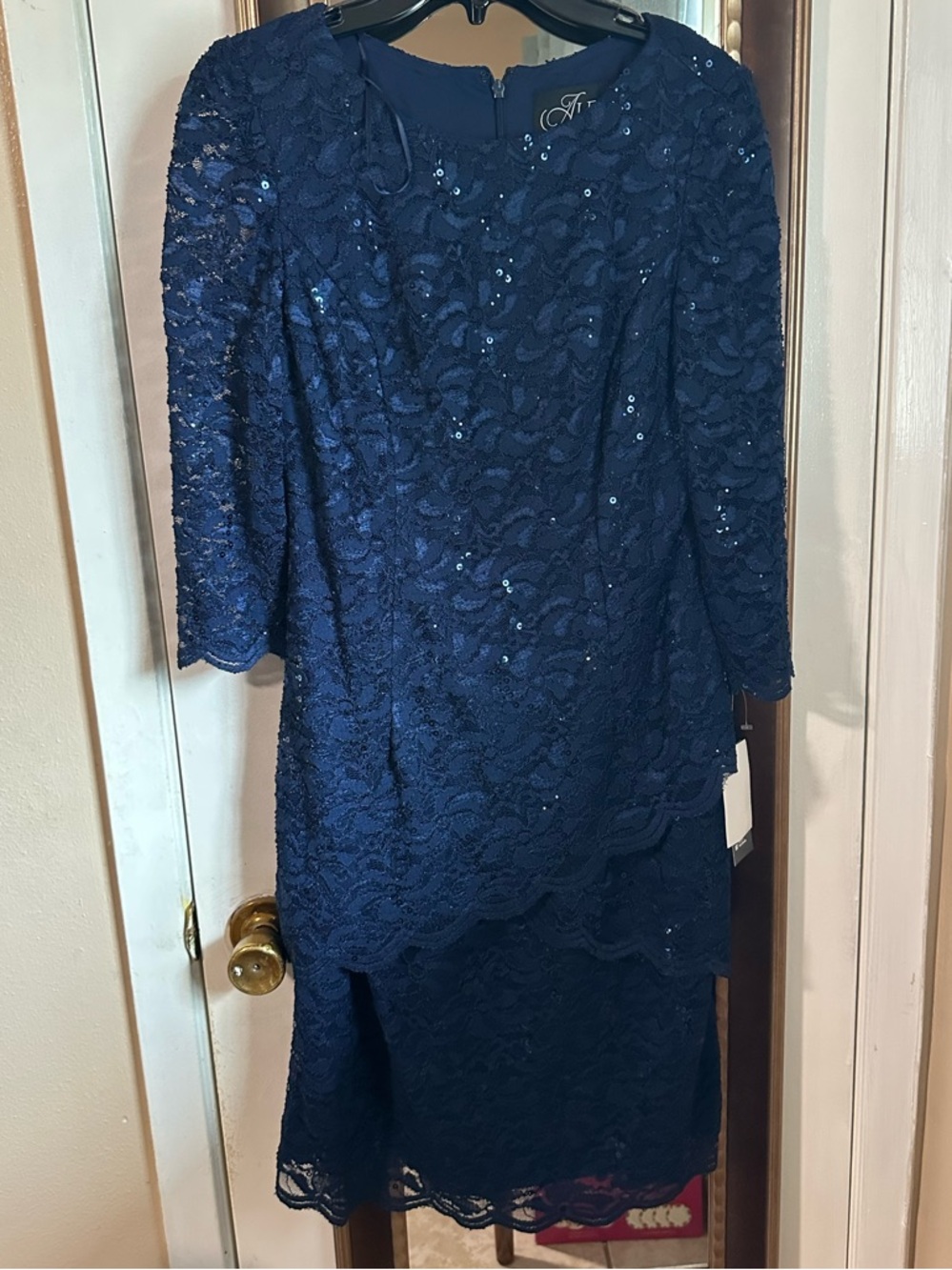 Alex Evenings Navy Lace Sequin Long Sleeve Dress